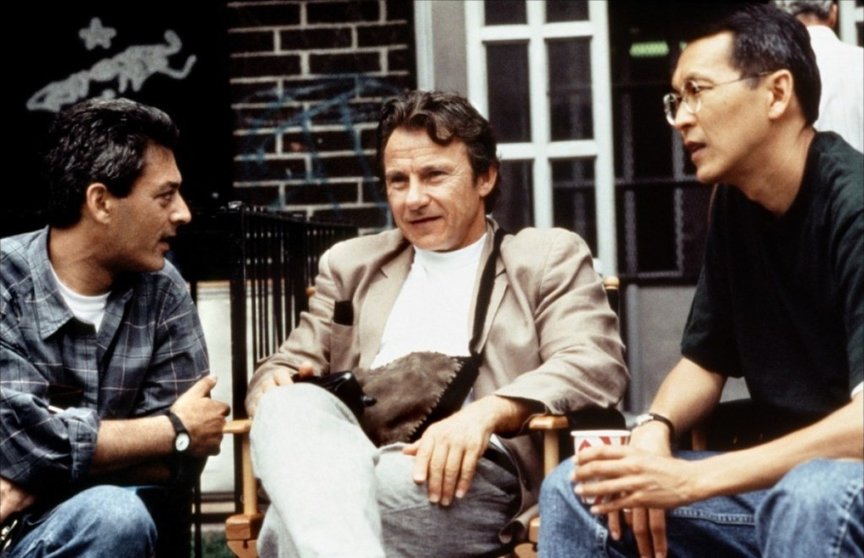 Paul Auster, Harvey Keitel y Wayne Wang en el set de Smoke