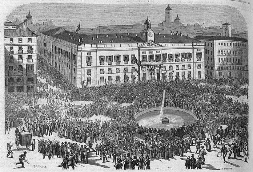 La Puerta del Sol de Madrid en la mañana del 29 de septiembre de 1868, de Urrabieta, en El Museo Universal (Wikipedia)