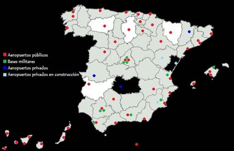 (Ubicación de los aeropuertos cerrados de Ciudad Real y Castellón. En blanco otros aeropuertos en situación crítica: Badajoz, Burgos, León y Huesca).
