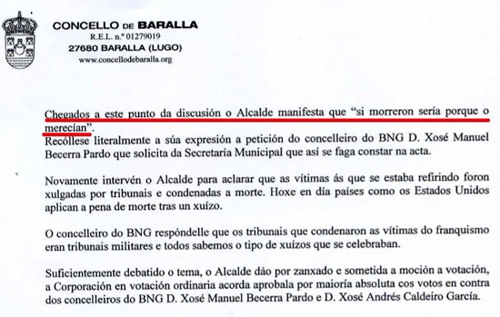 Captura del acta del Pleno del Ayuntamiento de Baralla y la afirmación de su alcalde, el popular Manuel González Capón.