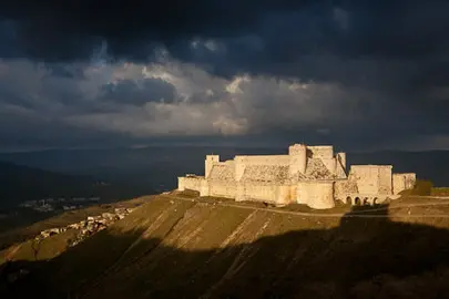 Krak des Chevaliers from the south West, Homs Gap, Syria. A Crusader castle in Syria and one of the most important preserved medieval castles in the world by unknown architect 1150 to 1250