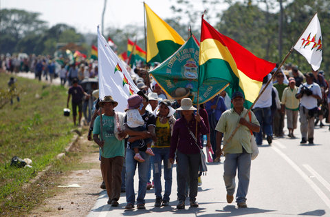 members of the moxos ethnic group march during a protest in trinidad