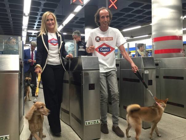 Cristina Cifuentes y Nacho Paunero, acceden a la red de metro con dos perros rescatados por El Refugio