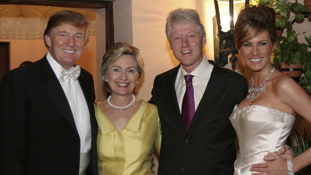 PALM BEACH, FL:  Newlyweds Donald Trump Sr. and Melania Trump with Hillary Rodham Clinton and Bill Clinton at their reception held at The Mar-a-Lago Club in January 22, 2005 in Palm Beach, Florida. (Photo by Maring Photography/Getty Images/Contour by Getty Images)