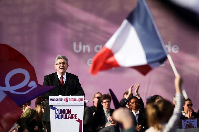 Jean-Luc Melenchon, leader of the far-left opposition party La France Insoumise (France Unbowed - LFI), and L'Union populaire (popular union) candidate in the 2022 French presidential election, delivers a speech during a march for the 6th Republic, at Place de la Republique in Paris, France, March 20, 2022. REUTERS/Sarah Meyssonnier 