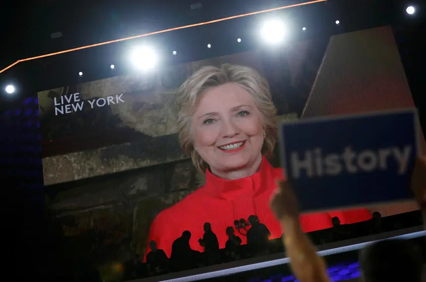 Democratic presidential nominee Hillary Clinton addresses the Democratic National Convention via a live video feed from New York during the second night at the Democratic National Convention in Philadelphia, Pennsylvania, U.S. July 26, 2016. REUTERS/Mark Kauzlarich      TPX IMAGES OF THE DAY     