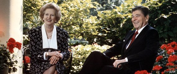 TOPSHOTS
(FILES) - A picture dated July 17, 1987 shows former US President Ronald Reagan and former British Prime Minister Margaret Thatcher posing for photographers on the patio outside the Oval Office, Washington, DC. Former British prime minister Margaret Thatcher, the "Iron Lady" who shaped a generation of British politics, died following a stroke on April 8, 2013 at the age of 87, her spokesman said. AFP PHOTO/Mike SARGENT