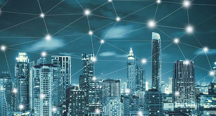 smart city and wireless communication network, abstract image visual, blue tone city scape and network connection concept