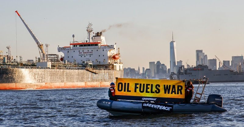 Greenpeace USA activists protested the New York City arrival of a 50,000-ton oil tanker carrying Russian fossil fuel products, in turn, financing Vladimir Putin's war in Ukraine. The tanker came from a Russian port and is carrying Russian fossil fuel products, it is sailing under the flag of Greece.\nThe tanker entered Upper New York Bay just before the end of a 45 day grace period from President Biden.