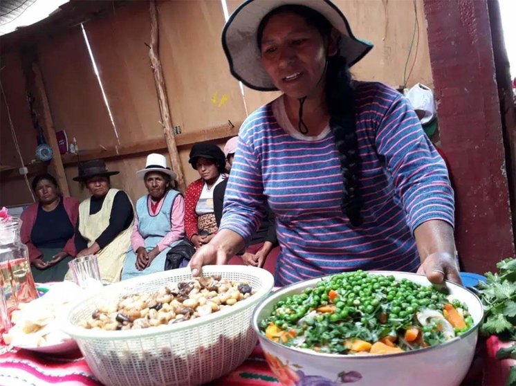 Recipientes con alimentos producidos por las mujeres de la comunidad campesina de Choquepata, en el municipio de Oropesa, en el sureño departamento peruano de Cusco. Ana María Zárate coloca la ensalada de hortalizas diversas a la derecha, y el tradicional mote, de granos cocidos, a la izquierda, compuesto por maíz blanco y habas. Foto: Mariela Jara / IPS