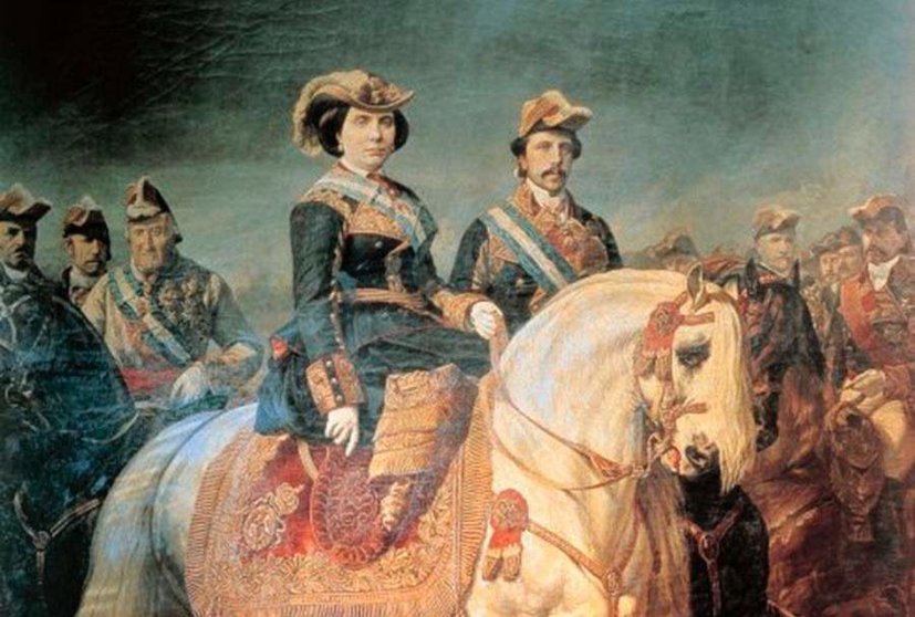 Retrato de Isabel II en 1848 junto al rey consorte Francisco de Asís, escoltados por los generales Castaños. Narváez y Espartero (izquierda). Cuadro de Louis Porion