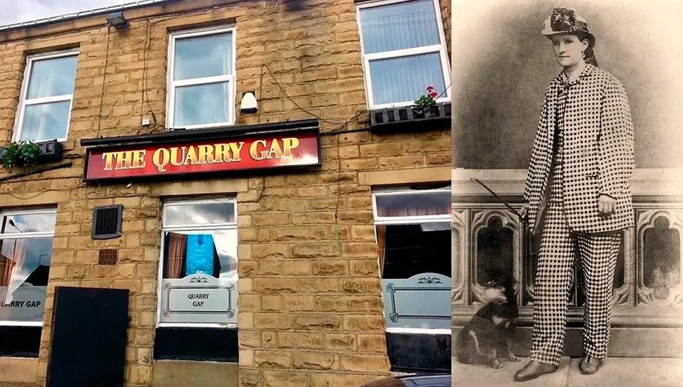 Emma Sharp y la fachada del pub Quarry GAP, en Dick Lane