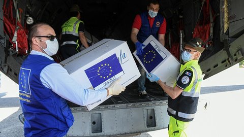 A Military airplane from Bucharest, Romania arrives in Milan, Italy bringing in protective masks, part of Operation RescEU in the context of the COVID-19 pandemic on April 25, 2020