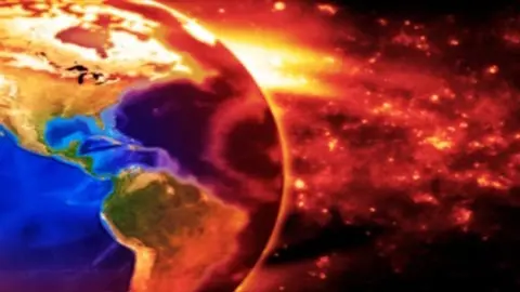 concept image of the earth slowly burning with pollution, showing north central and south america. earth based on nasa image.
