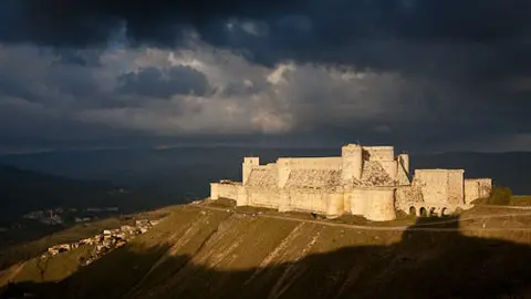Krak des Chevaliers from the south West, Homs Gap, Syria. A Crusader castle in Syria and one of the most important preserved medieval castles in the world by unknown architect 1150 to 1250