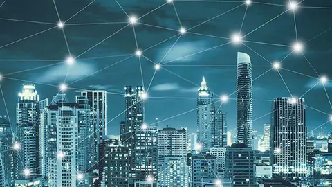 smart city and wireless communication network, abstract image visual, blue tone city scape and network connection concept