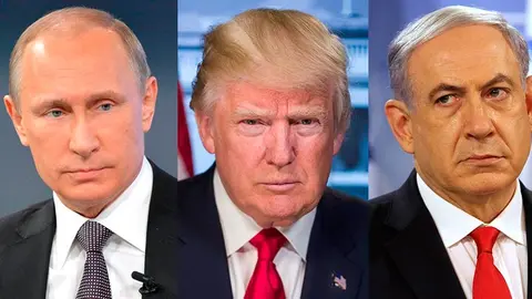 Vlad&iacute;mir Putin, Donald Trump y Benjam&iacute;n Netanyahu