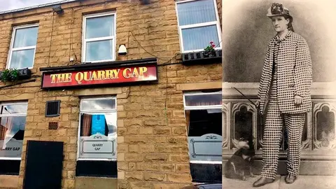 Emma Sharp y la fachada del pub Quarry GAP, en Dick Lane