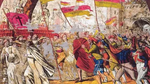 "La abolici&oacute;n de la Inquisici&oacute;n" (Manufactura espa&ntilde;ola: pa&ntilde;uelo de seda. 1821. Barcelona, Museo Textil y de la Indumentaria, Colecci&oacute;n Rocamora).