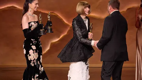 Dame Anna Wintour and Anne Hathaway present the Oscar&reg; for Makeup and Hairstyling to Mike Hill during the 98th Oscars&reg; at the Dolby&reg; Theatre at Ovation Hollywood on Sunday, March 15, 2026.