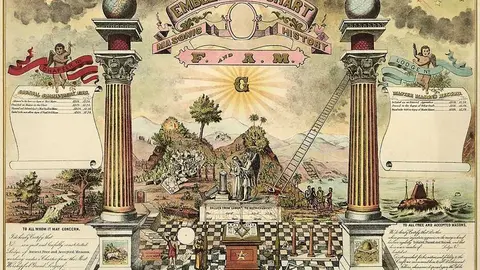 Certificado de pertenencia a una logia, con abundante iconograf&iacute;a mas&oacute;nica, expedido en Kansas City en 1877
