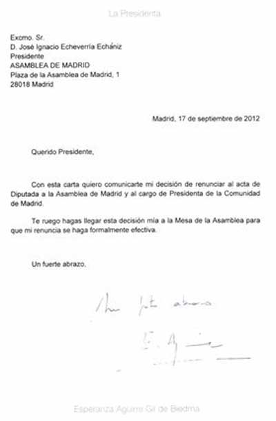 Aguirre presenta su carta de dimisión ante la Asamblea de 