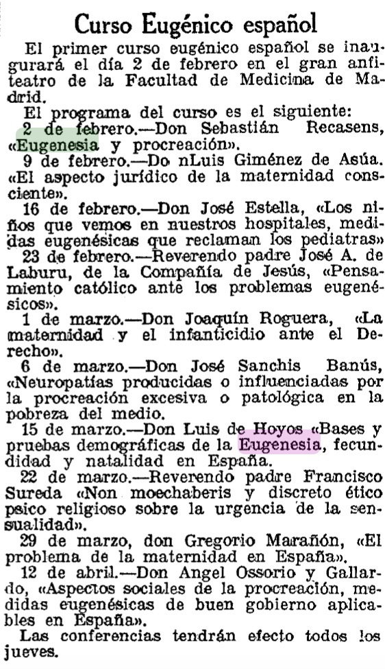 LAVANGUARDIA. 29.1.1928, CURSO EUGÉNICO