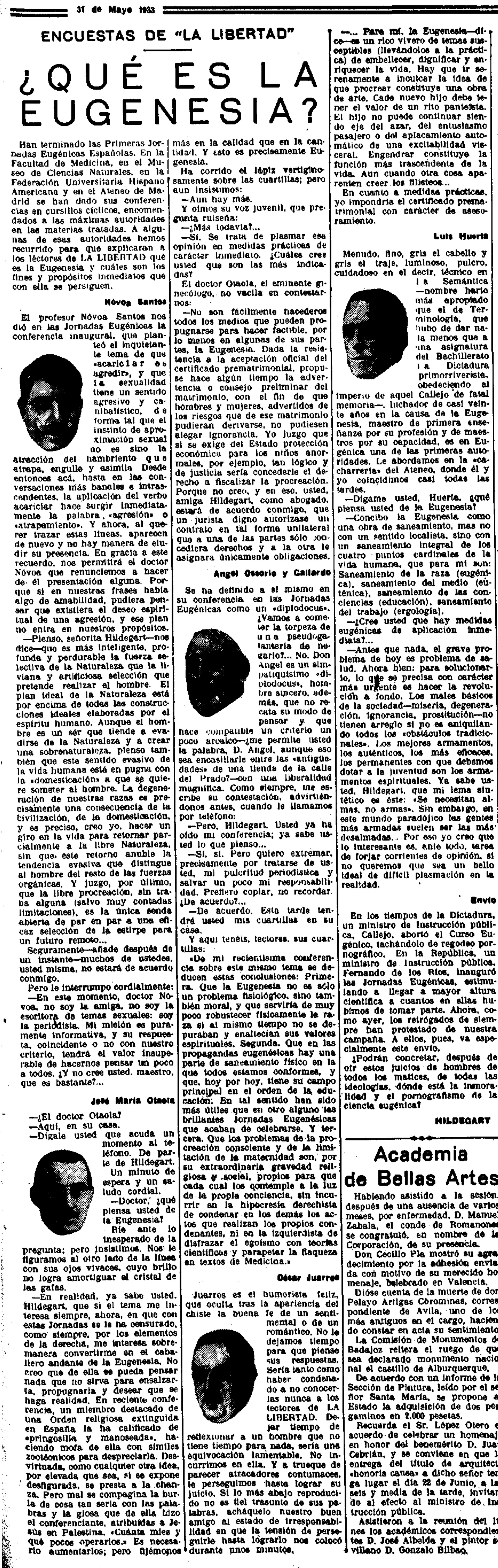 LA LIBERTAD. 31.5.1933. EUGENESIA-ENCUESTA