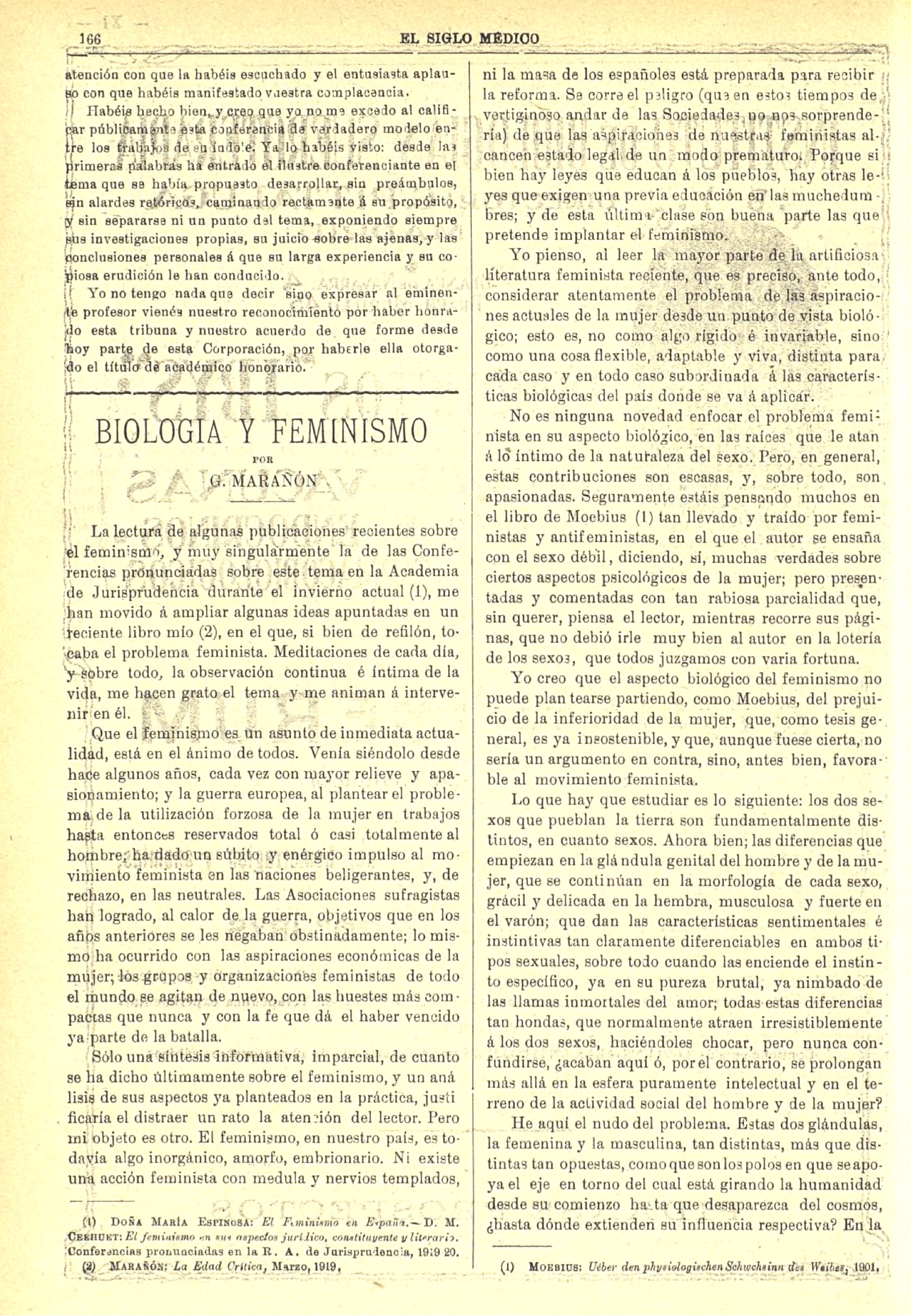 EL SIGLO MEDICO. 10.3.1920. BIOLOGIA. MARAÑON