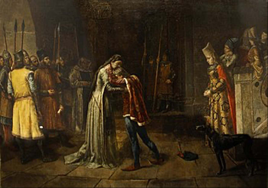 La última despedida, de Antonio Amorós y Botella, 1887. (Museo del Prado, Madrid). La obra representa el momento (1351) en que Fadrique Alfonso se despidió de su madre Leonor de Guzmán en presencia de la reina María de Portugal, madre de su hermanastro el rey Pedro I