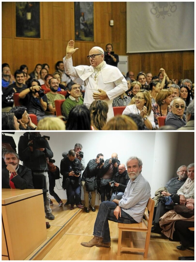 Leo Bassi disfrazado de Papa y Willy Toledo en el banquillo