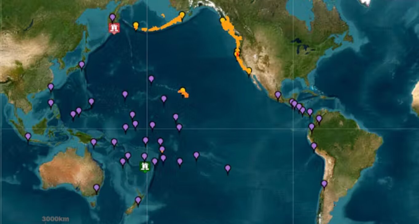 Zonas afectadas por el tsunami generado por el terremoto de Rusia, con epicentro en las Islas Comandante, mar de Bering, al este de la península de Kamchatka. NOAA / National Weather Service, CC BY