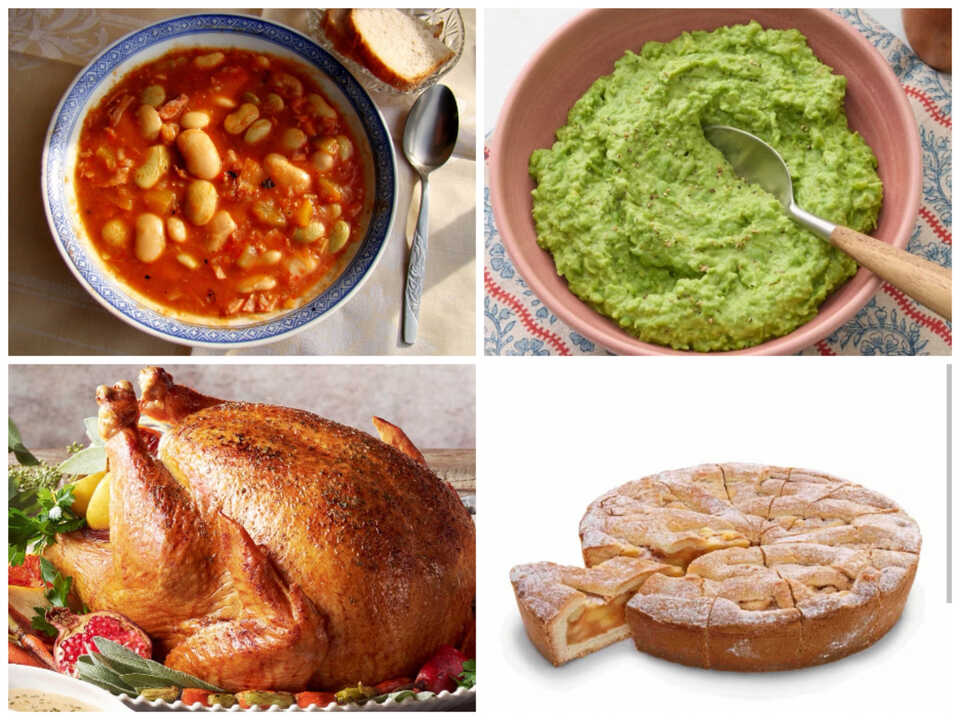 Primera ola, baked beans, mushy peas, roast thanksgiving turkey y apple cake